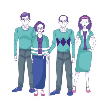 Büyükanne ve büyükbaba ve kadın ayakta ikon, renkli tasarım
