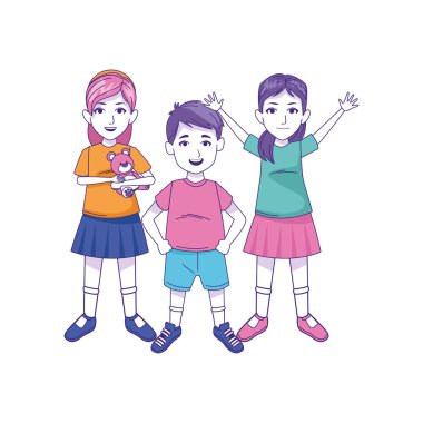 Çizgi film çocuğu ve kızları ayakta duran renkli tasarım.