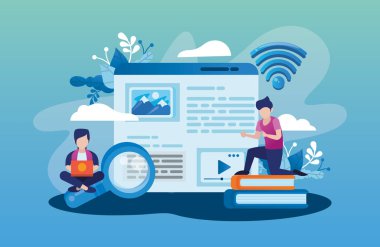 Web sayfası şablonu ve sosyal medya pazarlama simgelerine sahip kullanıcılar