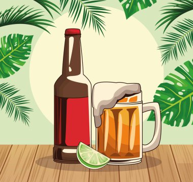 Bira şişesi ve tropikal yaprakların üzerinde kupa olan retro tarzı poster.