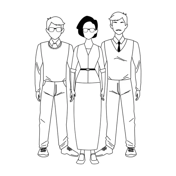 Deux hommes avec une vieille femme debout, design plat — Image vectorielle