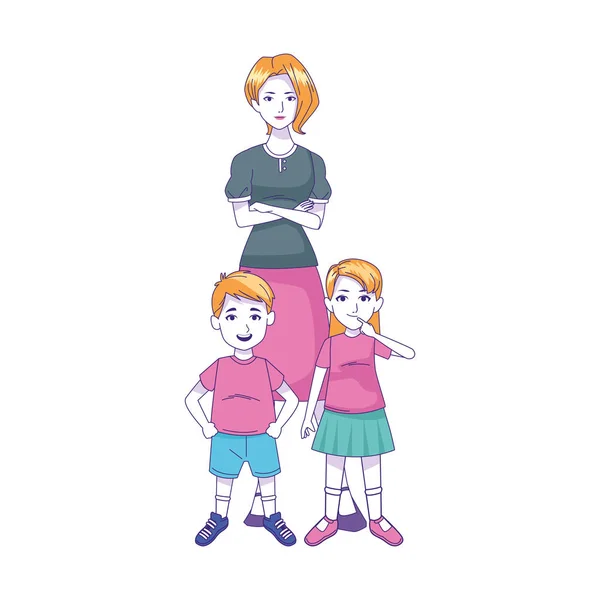 Mulher com menino e menina de pé, design colorido — Vetor de Stock