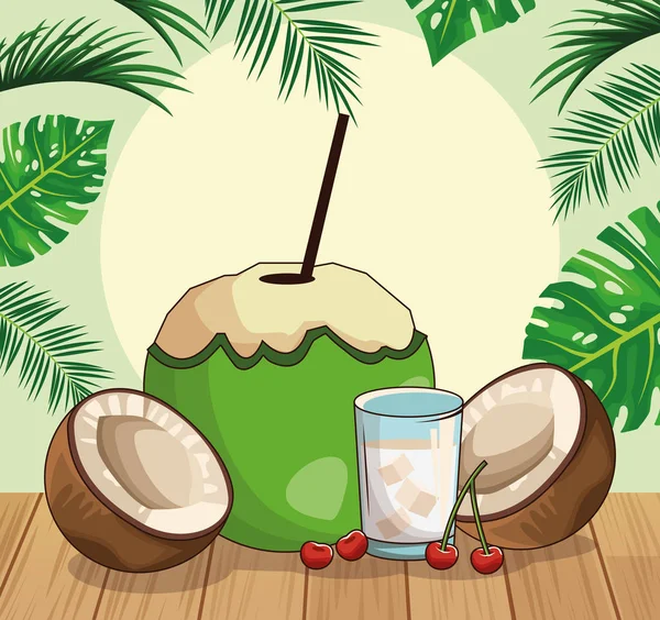 Tranches de noix de coco et de noix de coco et cocktail sur des feuilles tropicales et fond de style rétro — Image vectorielle