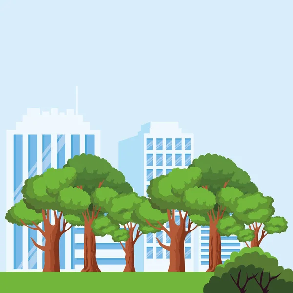 Bäume und Stadtgebäude vor blauem Hintergrund, buntes Design — Stockvektor