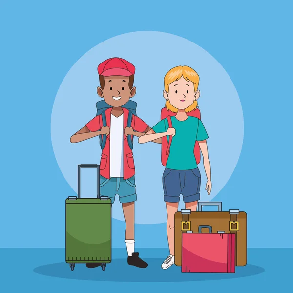 Couple touristique avec des caractères valises — Image vectorielle