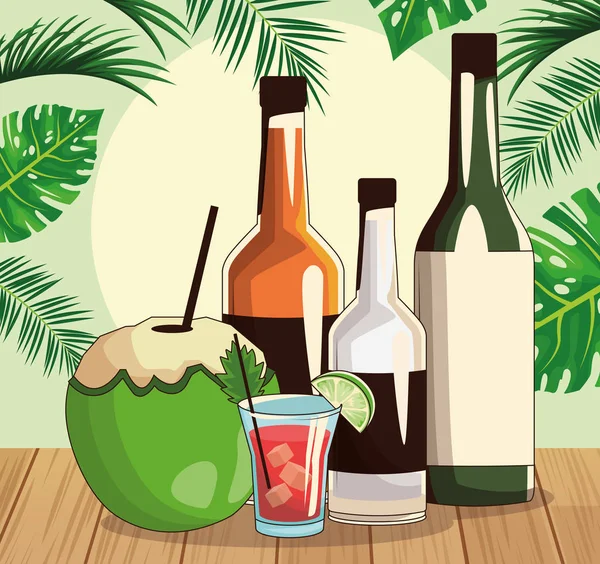 Garrafas de licor e bebida de coco, design colorido —  Vetores de Stock