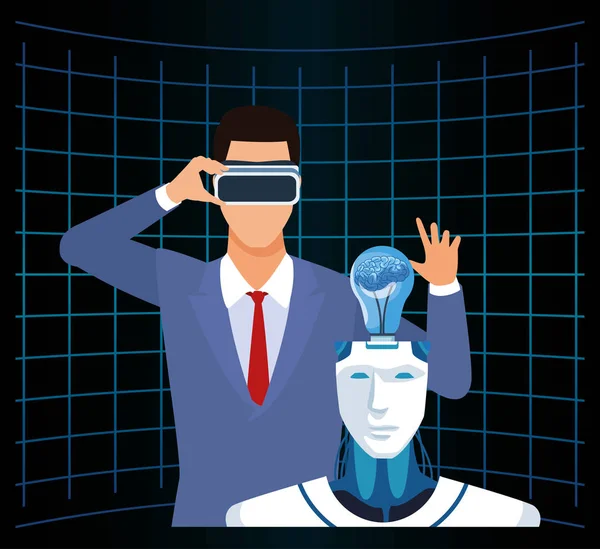 Homem de tecnologia de inteligência artificial com óculos vr e cyborg com cérebro humano — Vetor de Stock