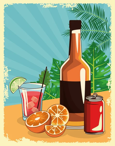 Whiskyfles met cocktail en blikje frisdrank over tropische bladeren en retro stijl achtergrond — Stockvector