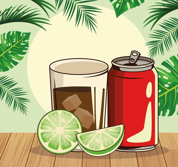 Soda can and cocktail glass over tropical leaves and retro style background — Stock Vector
