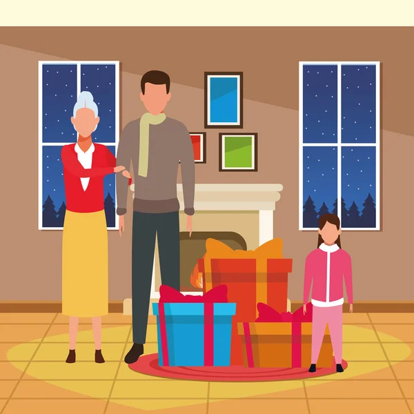 Avatar alte Frau und Männer mit Weihnachtsgeschenken — Stockvektor