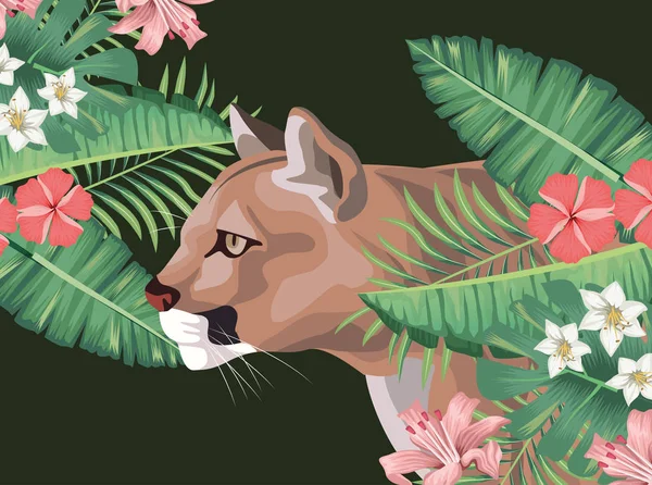 Puma liar dengan dedaunan tropis - Stok Vektor