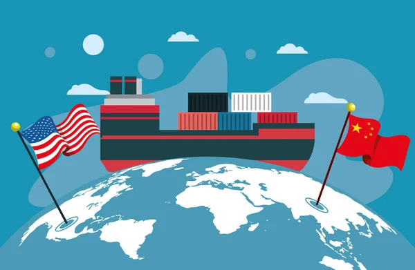 Buque mercante con banderas China y EE.UU. en todo el mundo — Archivo Imágenes Vectoriales