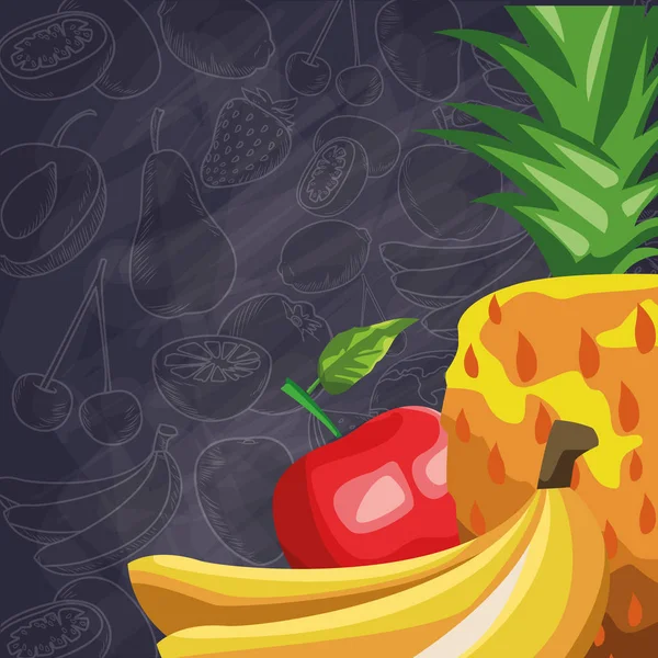 Friss gyümölcs ananász és banán élelmiszer egészséges sötét háttér — Stock Vector