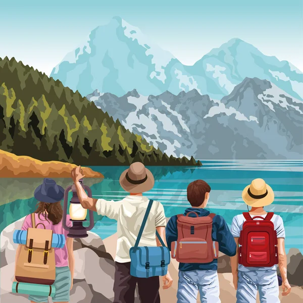 Hermoso lago y montañas paisaje con los viajeros de pie con mochilas y sombreros — Vector de stock