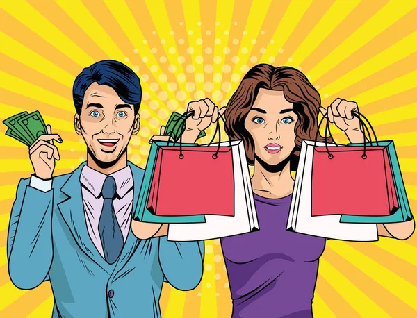 Business couple with shopping bags and money pop art style — 스톡 벡터