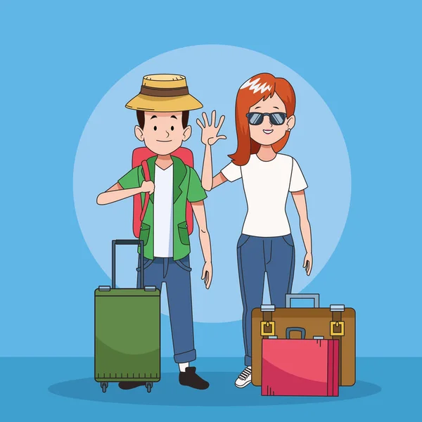 Couple touristique avec des caractères valises — Image vectorielle