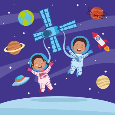 Mutlu çocuk günü kutlaması. Çocuklar ve uzay çifti.