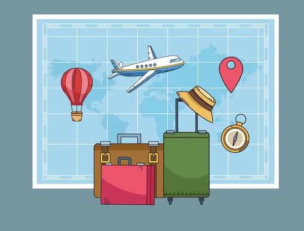 stock vector travel around the world with suitcases and paper map