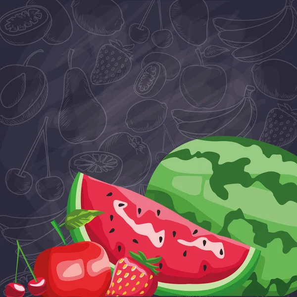 新鲜水果西瓜苹果草莓甜食健康 — 图库矢量图片