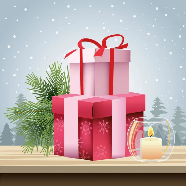 Velas y cajas de regalo sobre fondo blanco nevado — Vector de stock