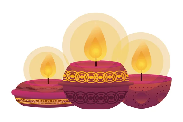 Happy diwali drie kaarsen traditionele iconen — Stockvector
