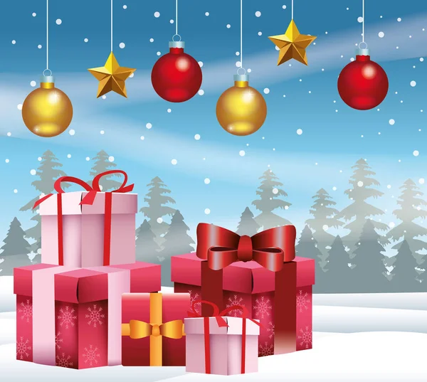 Jul prydnader hängande och presentförpackningar över snöig bakgrund — Stock vektor