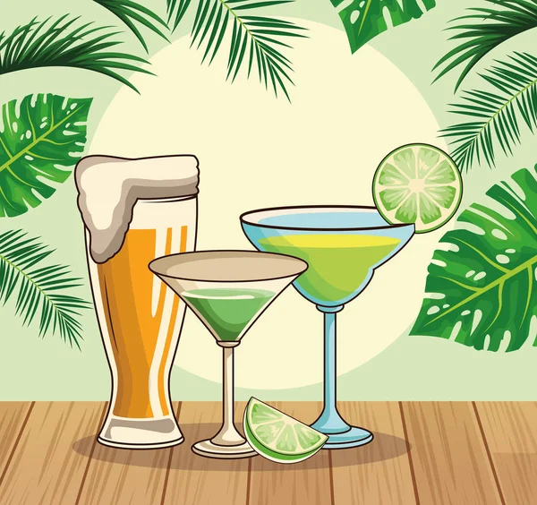 Vaso de cerveza y cócteles tropicales sobre hojas tropicales y fondo de estilo retro — Vector de stock