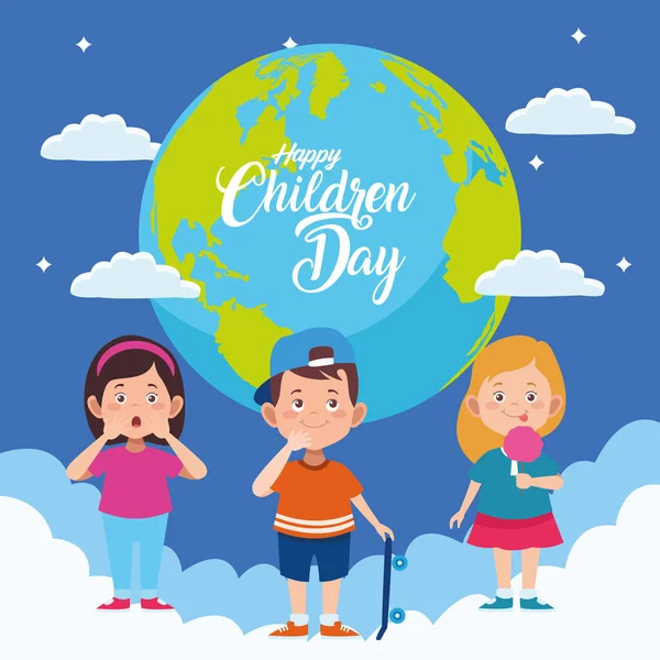 Gelukkige kinderen dag met kinderen in de wereld planeet — Stockvector