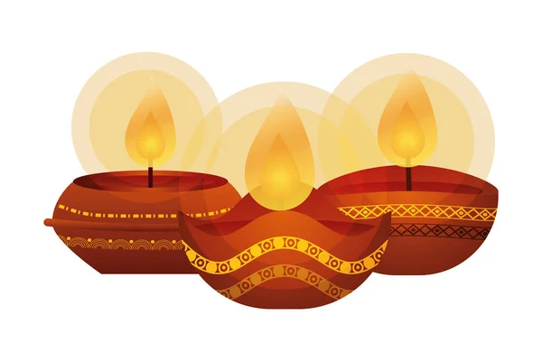 Feliz diwali tres velas iconos tradicionales — Vector de stock