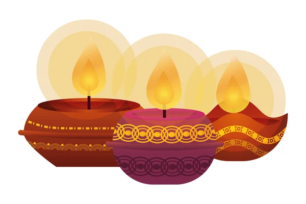 Happy diwali drie kaarsen traditionele iconen — Stockvector