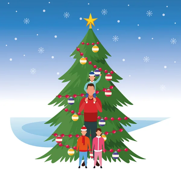 Arbre de Noël et homme avec enfants, Joyeux Noël design — Image vectorielle