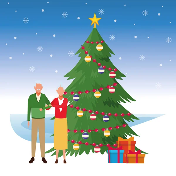 Old couple and christmas tree, colorful design — 스톡 벡터