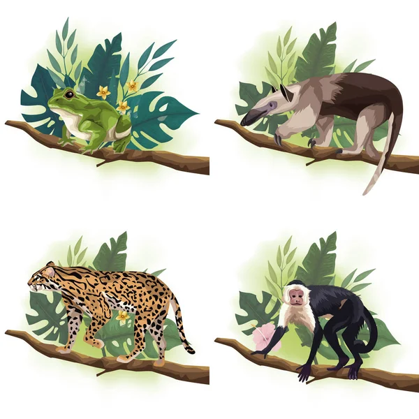Grupo de animales salvajes en escenas de ramas de árboles — Vector de stock