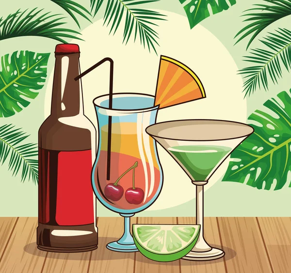 Coquetéis tropicais e garrafa de cerveja sobre folhas tropicais e fundo estilo retro —  Vetores de Stock