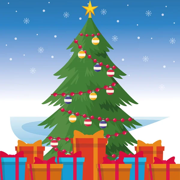 Árbol de Navidad y cajas de regalo, diseño colorido — Vector de stock