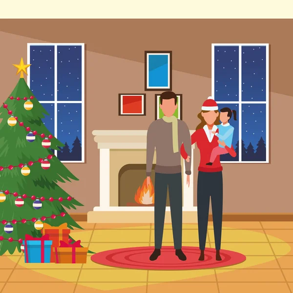 Avatar couple with little girl, merry christmas design — ストックベクタ