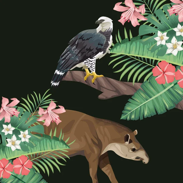 Дикий тапір і орел з тропічним листям — стоковий вектор