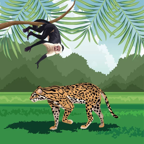 Leopard tropical monkey hanging branch tree fauna and flora landscape — 스톡 벡터