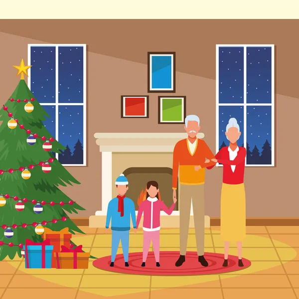 Avatar Großeltern und Enkel rund um den Weihnachtsbaum — Stockvektor