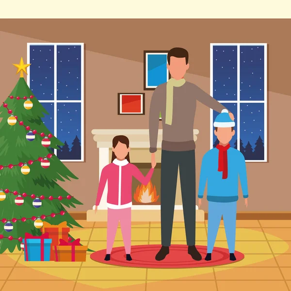 Avatar hombre y niños con ropa de invierno, Feliz diseño de Navidad — Vector de stock