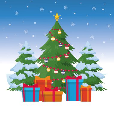 Noel ağacı ve hediye kutuları, renkli tasarım.