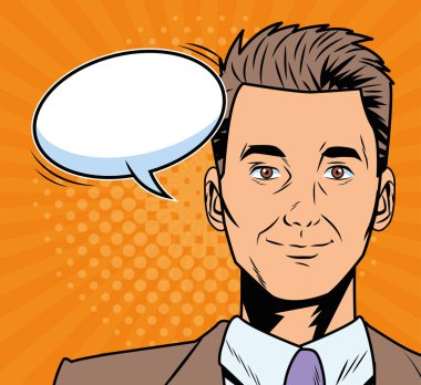 elegant businessman with speech bubble pop art style