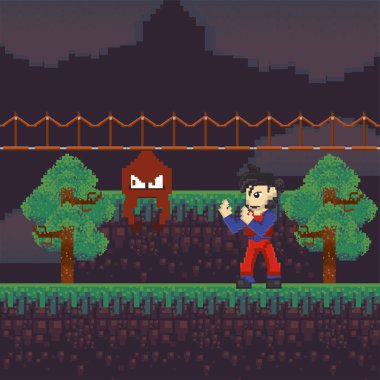 video game warrior in pixelated scene