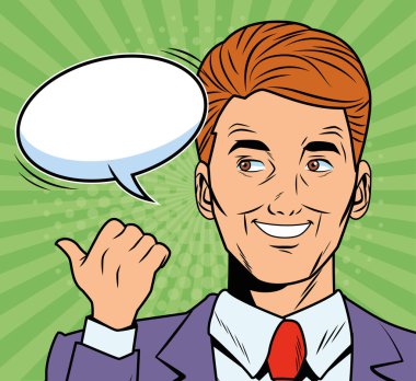 elegant businessman with speech bubble pop art style