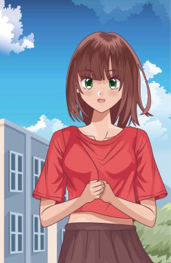 young girl hentai style character outdoor scene clipart