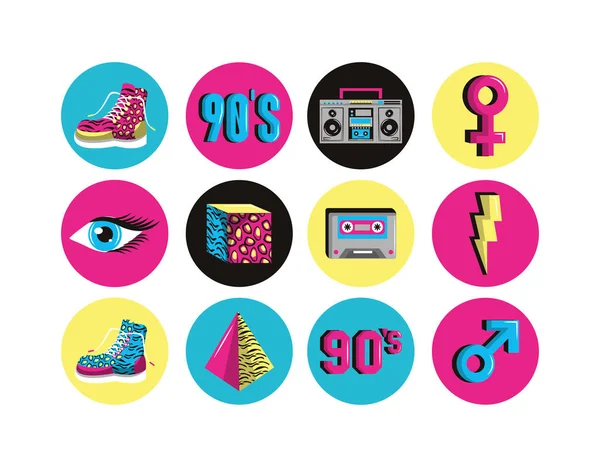 Bundle of nineties set icons — 스톡 벡터