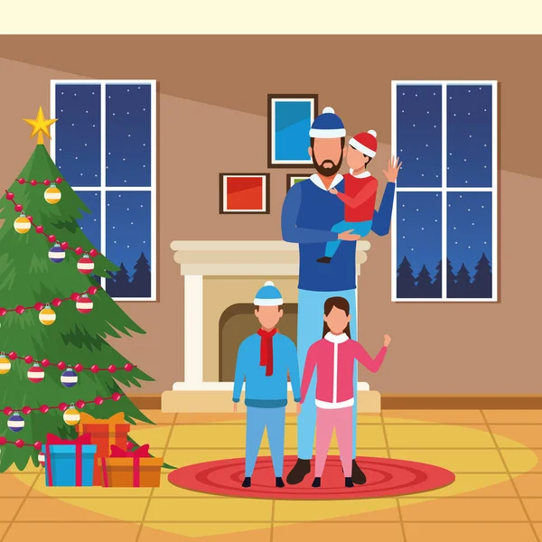 Weihnachtshaus mit Vater und Söhnen, frohe Weihnachten — Stockvektor