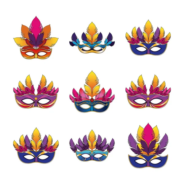 Ikon készlet karnevál maszkok tollakkal, színes design — Stock Vector