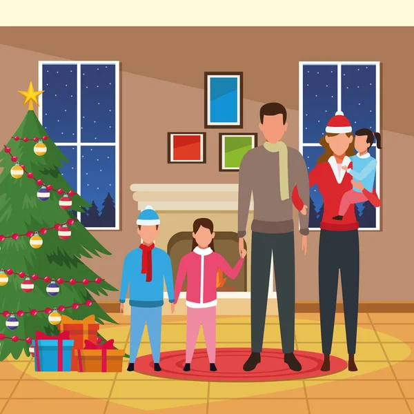 Happy family with kids next to christmas tree — ストックベクタ