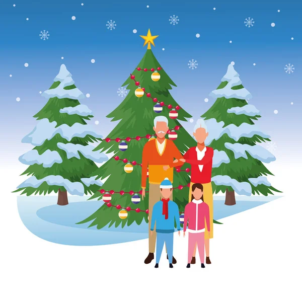 Grandparents and grandchildren over christmas tree — Stock vektor